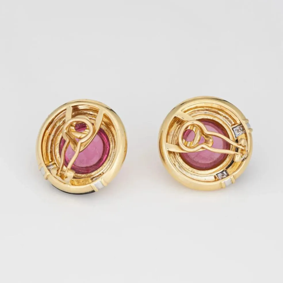 Boucles d'oreilles en or vintage avec tourmaline rose, onyx et diamant