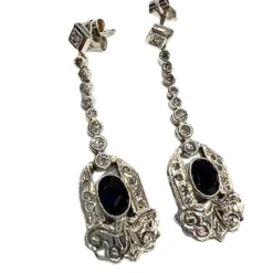 Boucles d'oreilles en platine de style art déco avec diamants et saphir