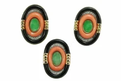 boucles d'oreilles et bague en or vintage jade corail onyx diamants