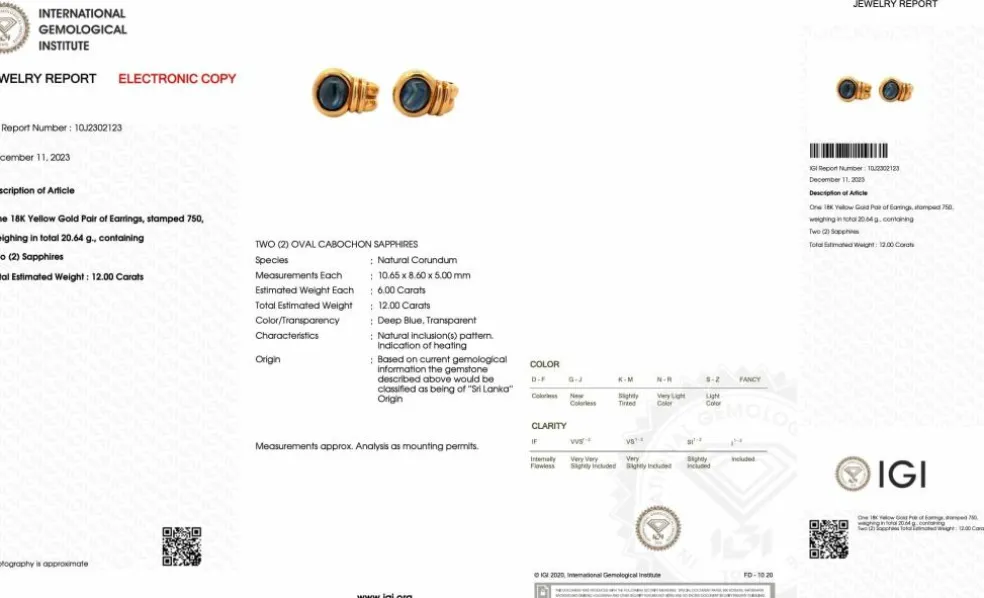 Boucles d'oreilles et pendentif saphirs de Ceylan certificat IGI