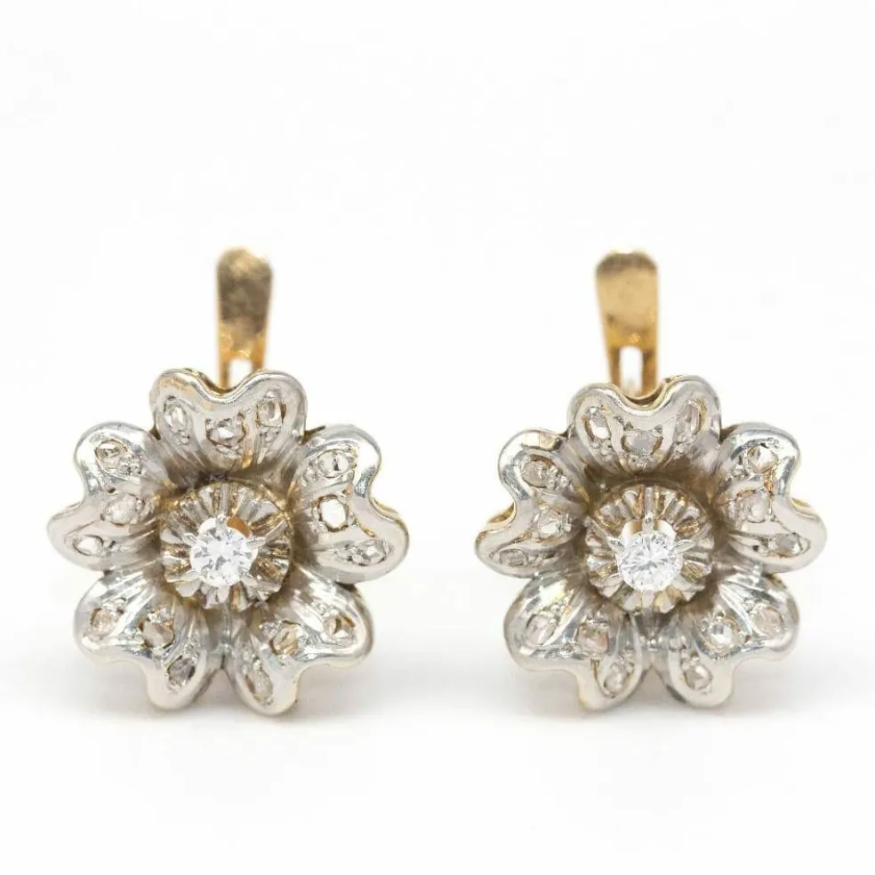 Boucles d'oreilles fleurs bicolores et diamants