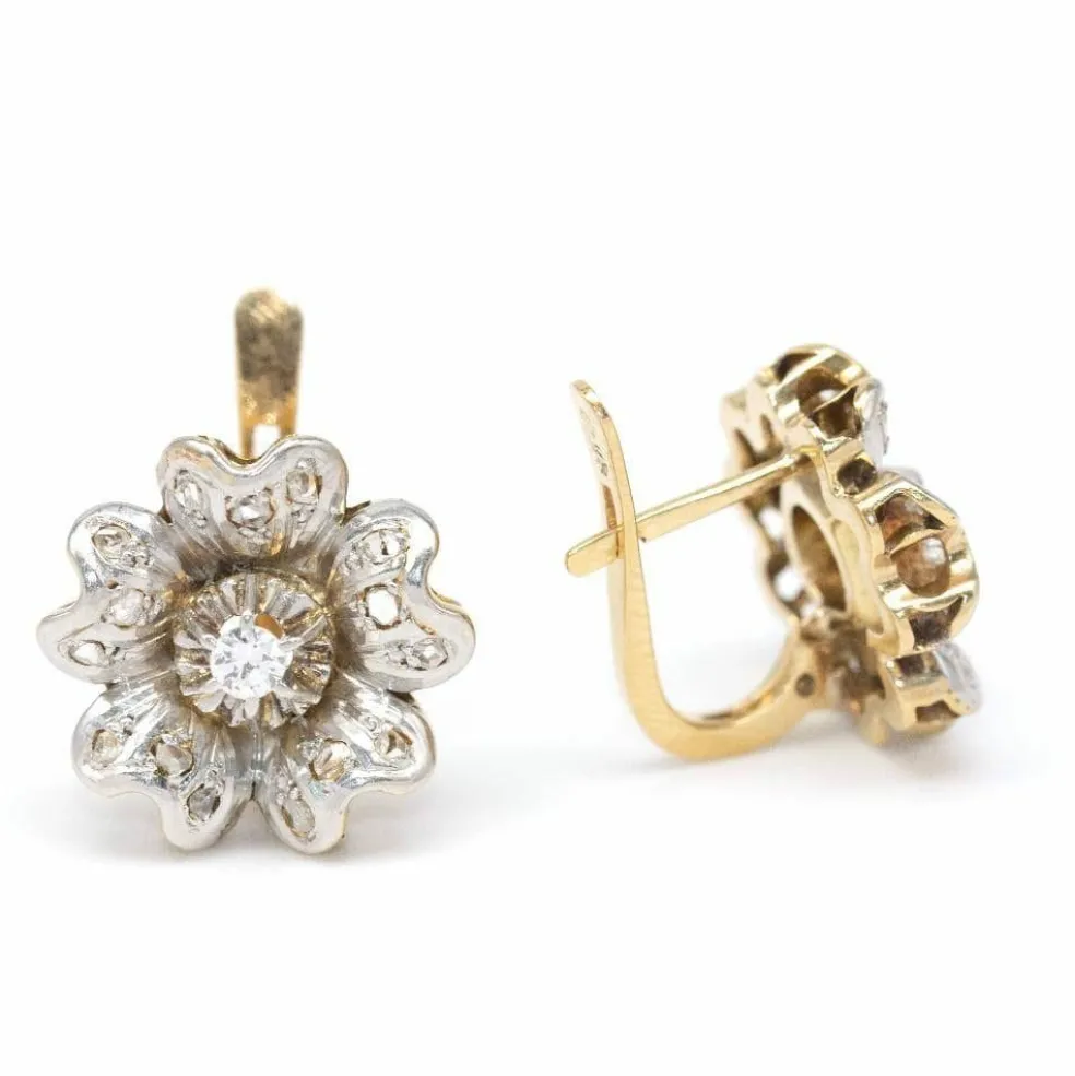 Boucles d'oreilles fleurs bicolores et diamants