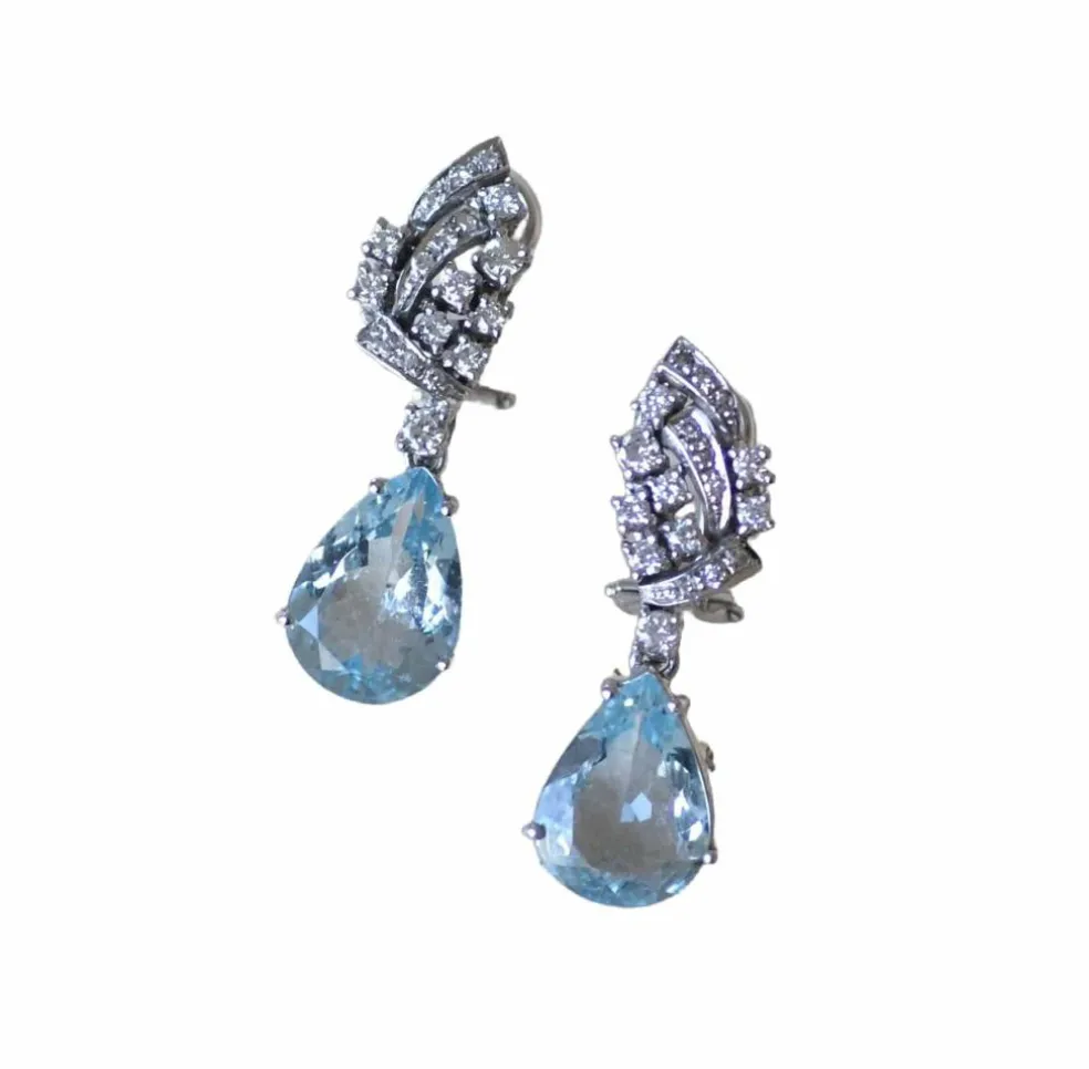 Boucles d'Oreilles Goutte Aigue Marine et Diamant