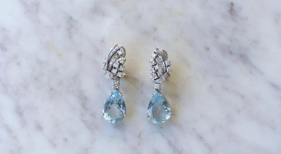 Boucles d'Oreilles Goutte Aigue Marine et Diamant
