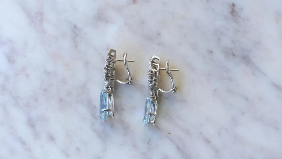 Boucles d'Oreilles Goutte Aigue Marine et Diamant