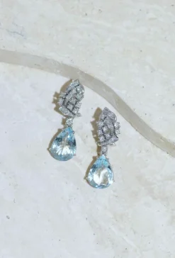 Boucles d'Oreilles Goutte Aigue Marine et Diamant
