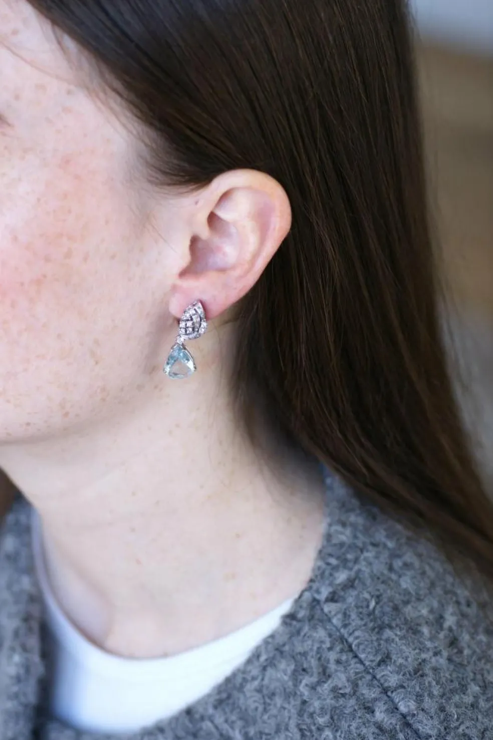 Boucles d'Oreilles Goutte Aigue Marine et Diamant
