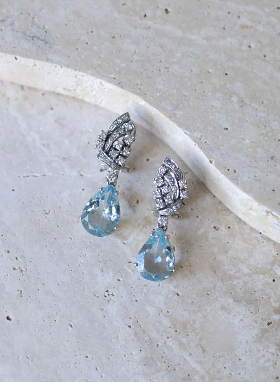 Boucles d'Oreilles Goutte Aigue Marine et Diamant