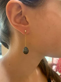 Boucles d’Oreilles Gouttes pavées Saphirs Diamants Or 18 Carats