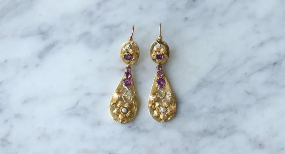 Boucles d'oreilles gouttes or jaune grenats