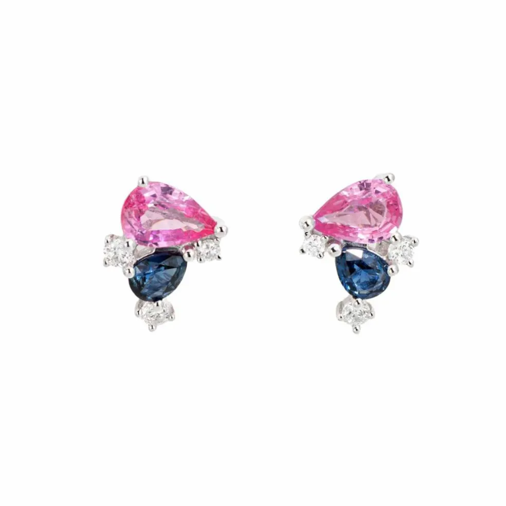 Boucles d'oreilles grappes saphir rose bleu diamant or blanc