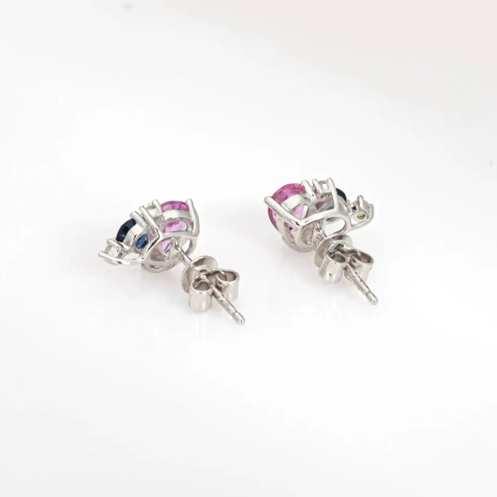 Boucles d'oreilles grappes saphir rose bleu diamant or blanc