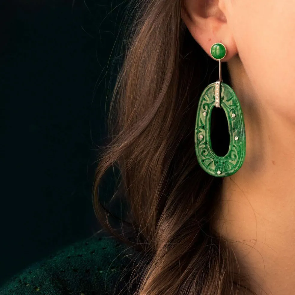 Boucles d'oreilles jade et diamants