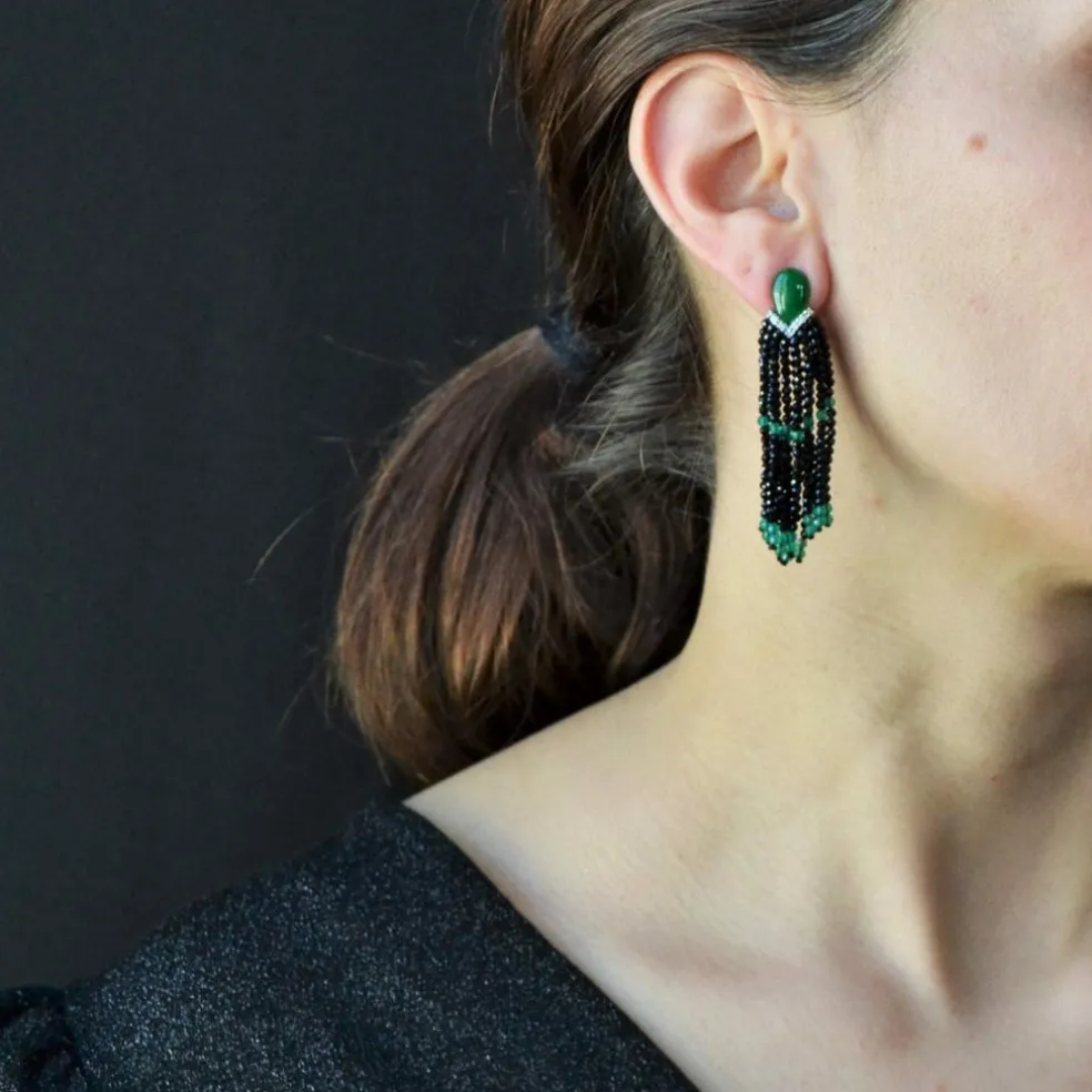 Boucles d'oreilles jades diamants et agates
