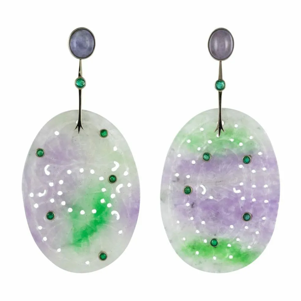 Boucles d'oreilles jades violets et émeraudes