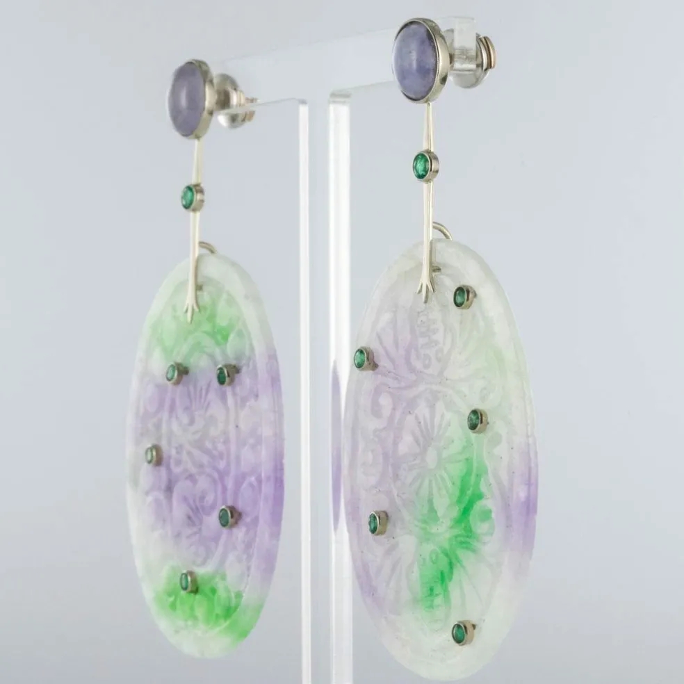 Boucles d'oreilles jades violets et émeraudes