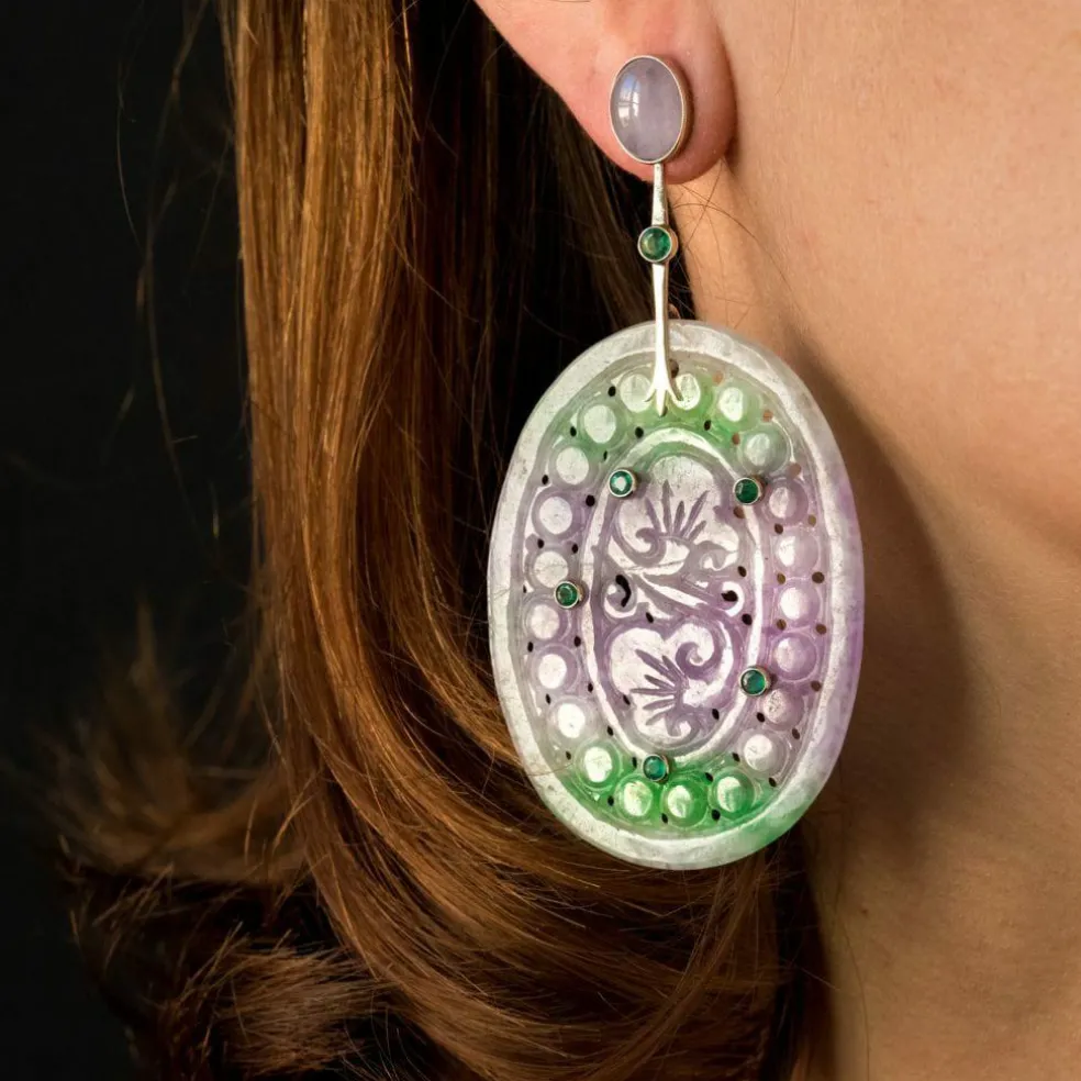 Boucles d'oreilles jades violets et émeraudes
