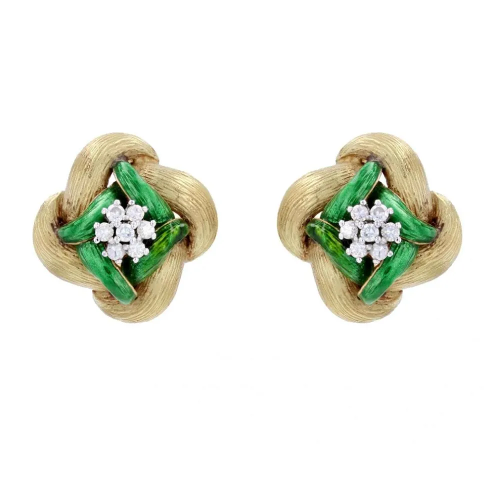 Boucles d'oreilles émail vert diamants et or jaune