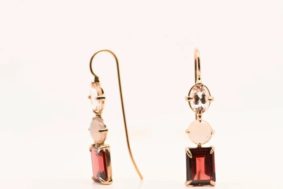 Boucles d'oreilles Morganite, Agate Grise, Grenat