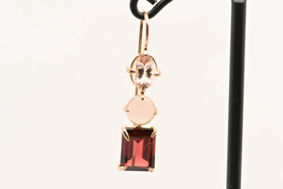 Boucles d'oreilles Morganite, Agate Grise, Grenat