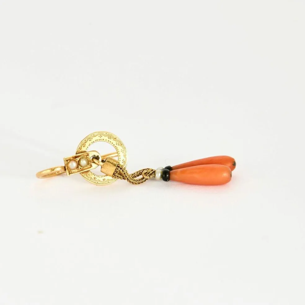 Boucles d'oreilles Napoléon III corail perles onyx
