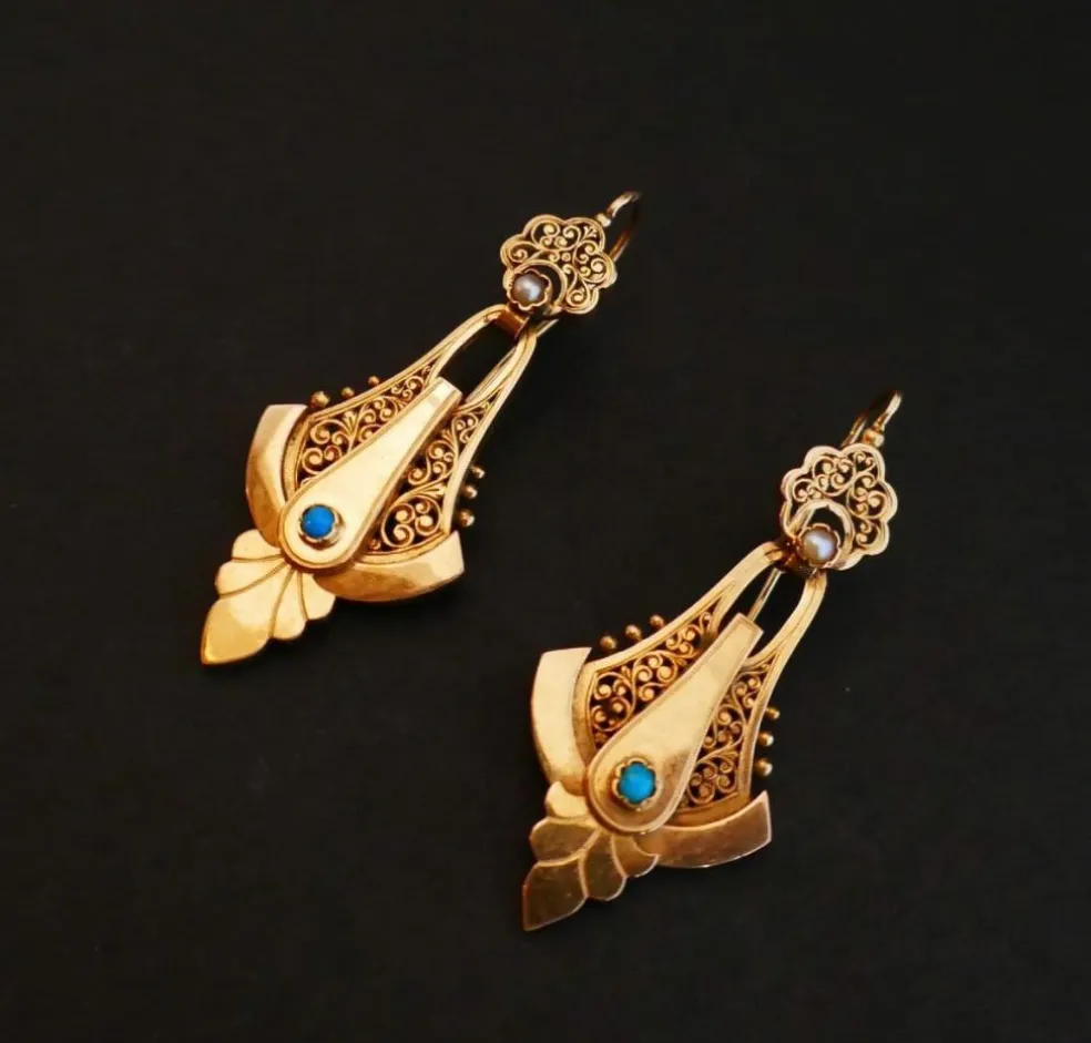 Boucles d'Oreilles Napoléon III en Or Rose, Perles et Turquoises
