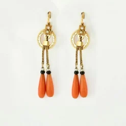 Boucles d'oreilles Napoléon III corail perles onyx