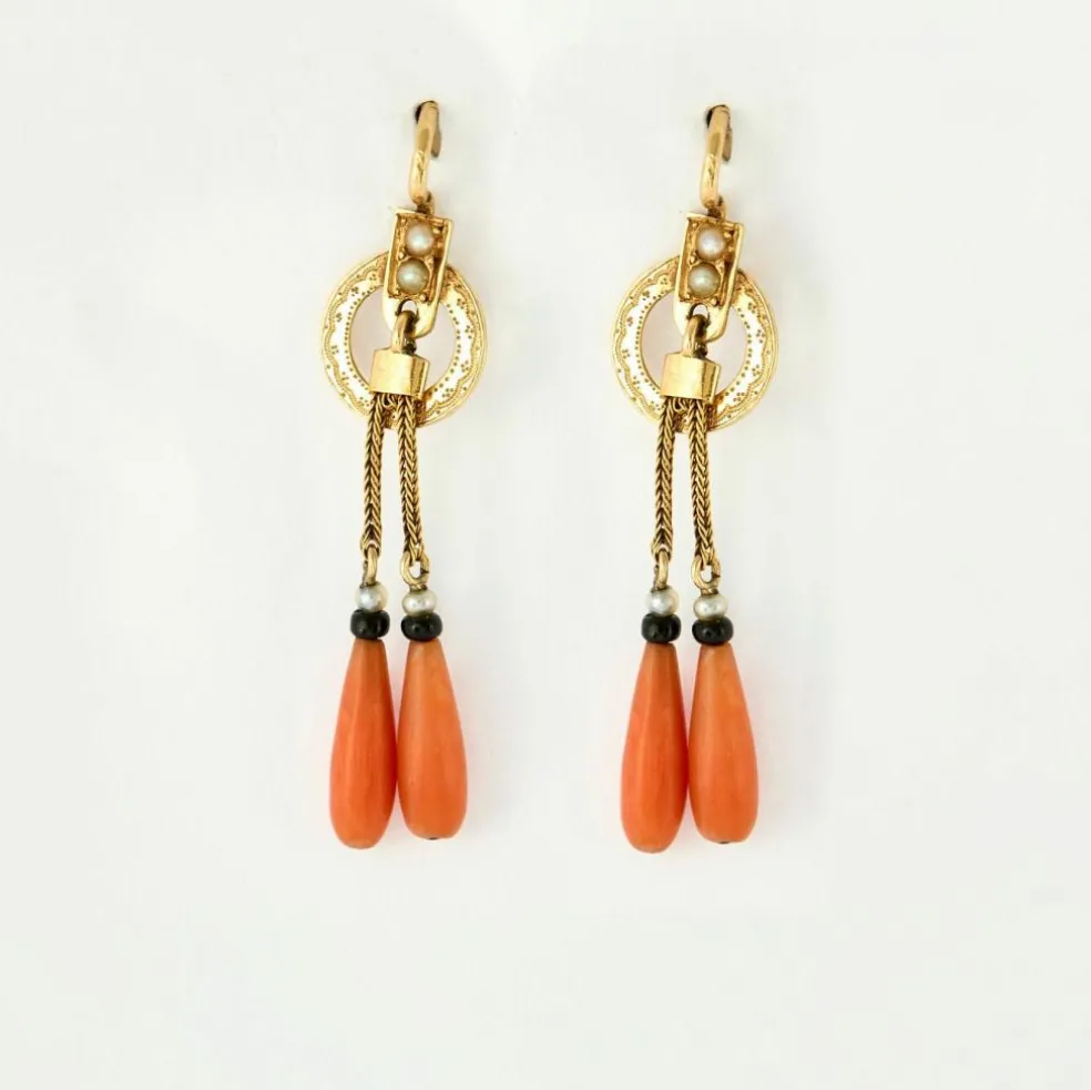 Boucles d'oreilles Napoléon III corail perles onyx