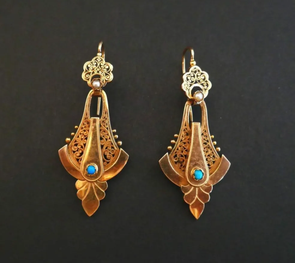 Boucles d'Oreilles Napoléon III en Or Rose, Perles et Turquoises