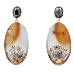 Boucles d'oreilles or agates à dendrite et hématite