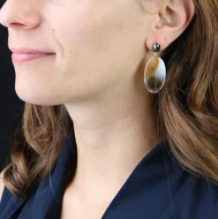 Boucles d'oreilles or agates à dendrite et hématite