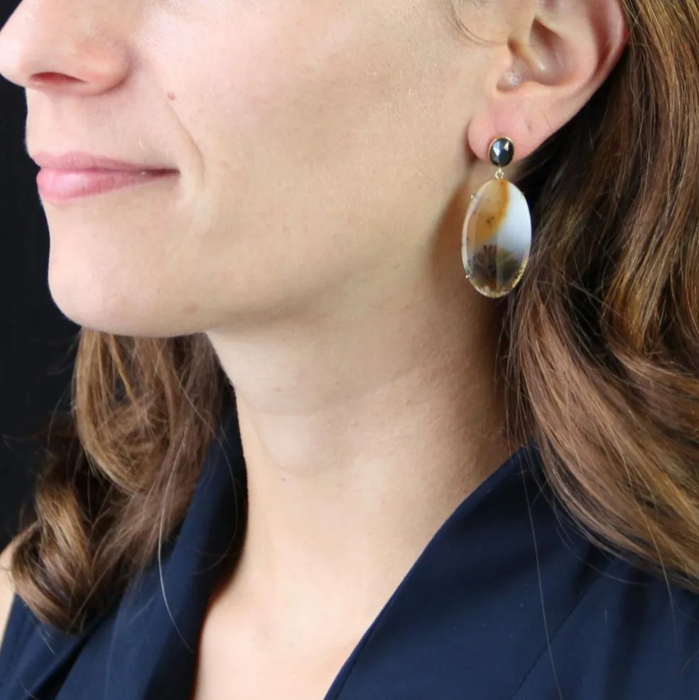 Boucles d'oreilles or agates à dendrite et hématite