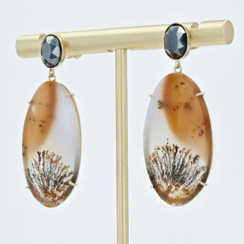 Boucles d'oreilles or agates à dendrite et hématite