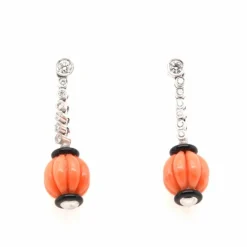 Boucles d'oreilles Or blanc Corail Onyx Diamants