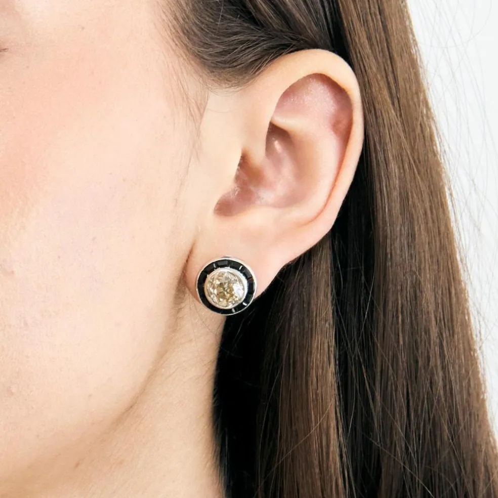 Boucles d'oreilles or blanc, diamants et onyx