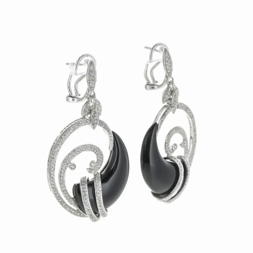 Boucles d'Oreilles Or Blanc Diamants et Onyx