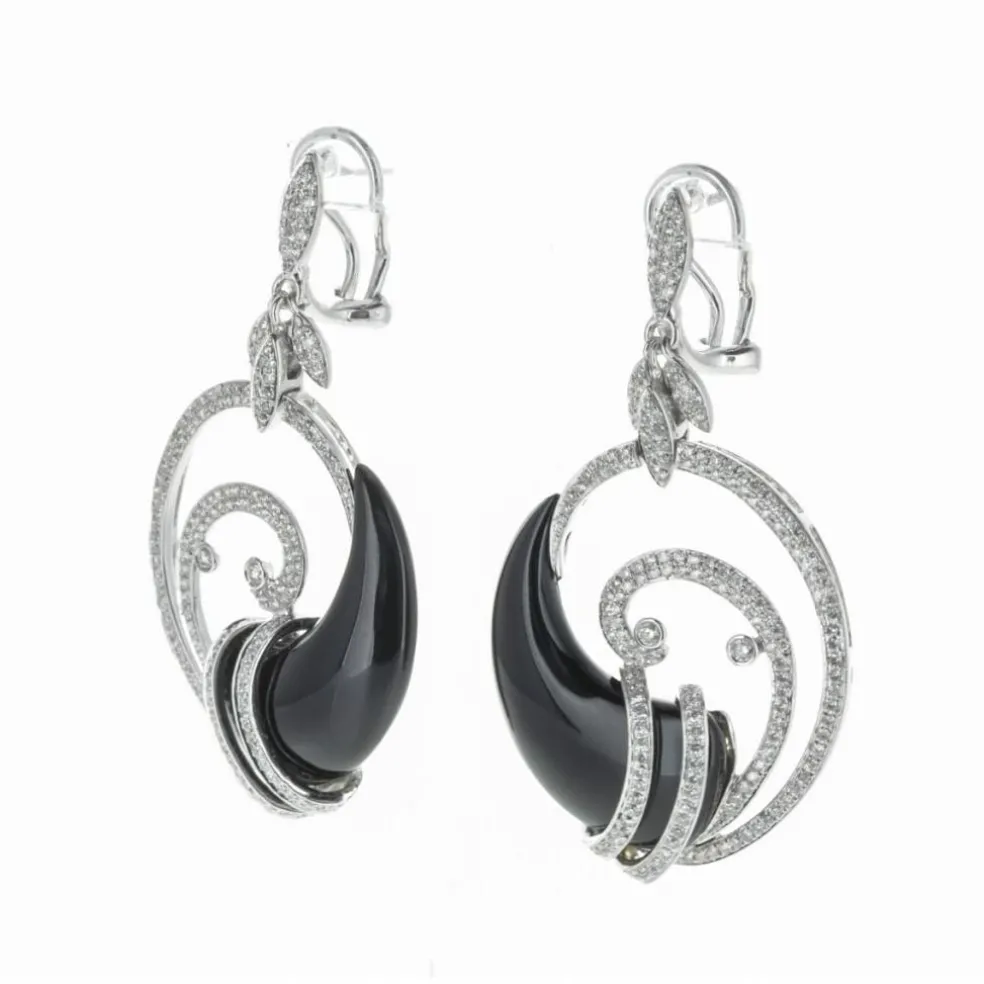 Boucles d'Oreilles Or Blanc Diamants et Onyx