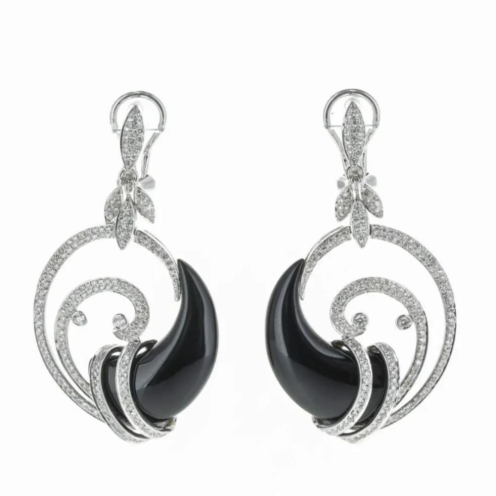 Boucles d'Oreilles Or Blanc Diamants et Onyx