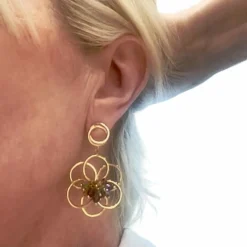 Boucles d'oreilles or divers quartz, aigue-marine et améthyste