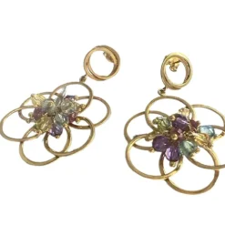 Boucles d'oreilles or divers quartz, aigue-marine et améthyste