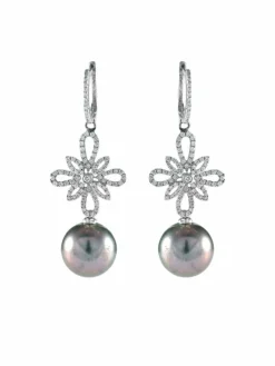 BOUCLES D'OREILLES OR GRIS PERLES ET DIAMANTS