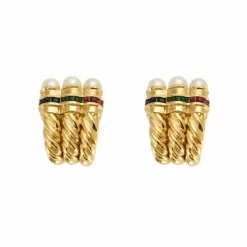 Boucles d'oreilles or jaune, rubis, émeraudes, saphirs et perles