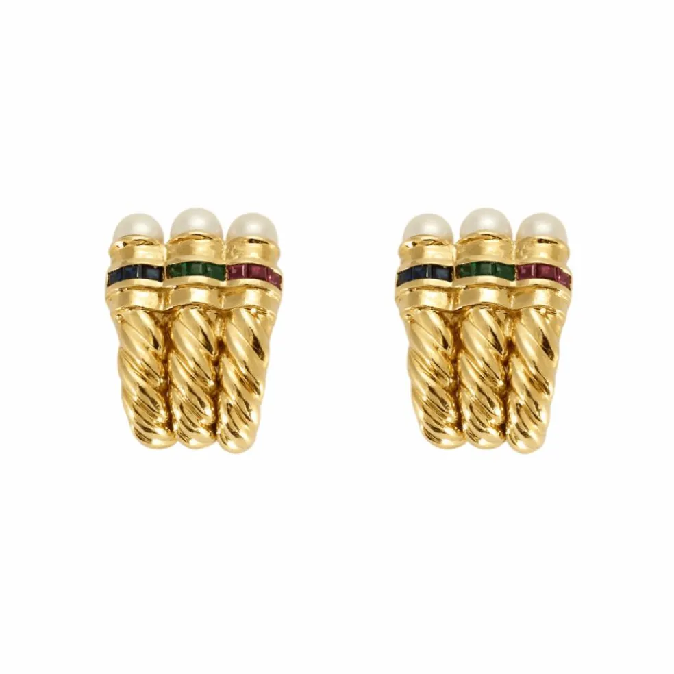 Boucles d'oreilles or jaune, rubis, émeraudes, saphirs et perles