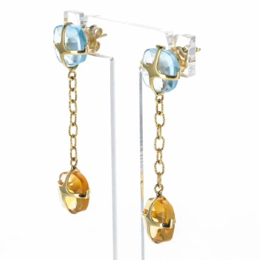 Boucles d'Oreilles Or jaune Citrines et Topazes bleues