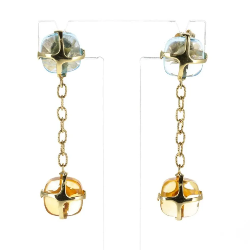 Boucles d'Oreilles Or jaune Citrines et Topazes bleues