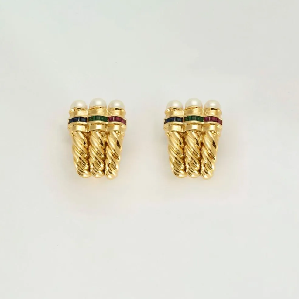 Boucles d'oreilles or jaune, rubis, émeraudes, saphirs et perles