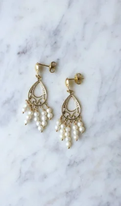 Boucles d'oreilles or jaune et franges de perles