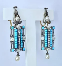 Boucles d’oreilles or jaune et argent, turquoises, diamants, perles fines, vers 1880