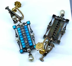 Boucles d’oreilles or jaune et argent, turquoises, diamants, perles fines, vers 1880