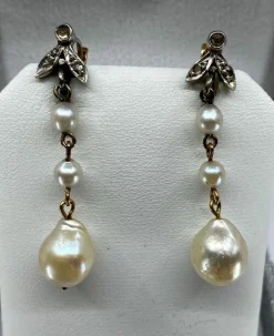 Boucles d’oreilles or perles diamants vers 1900